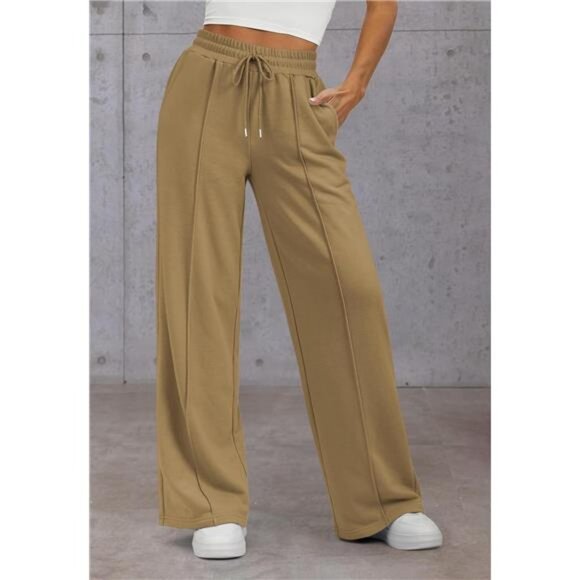 Womens Wide Leg Sweatpants High Waisted Khaki - Picture 3 of 6